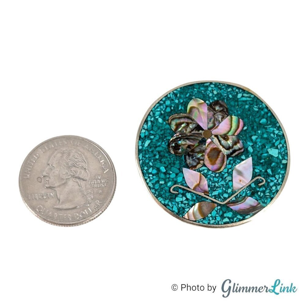 Vintage Alpaca Mexico Floral Inlay Abalone Shell Silver Tone Brooch Pendant - Picture 4 of 7